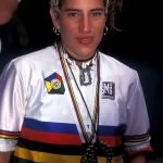 Missy Giove wearing world champions jersey and medal .World Championships , Vail colorado , 1994
