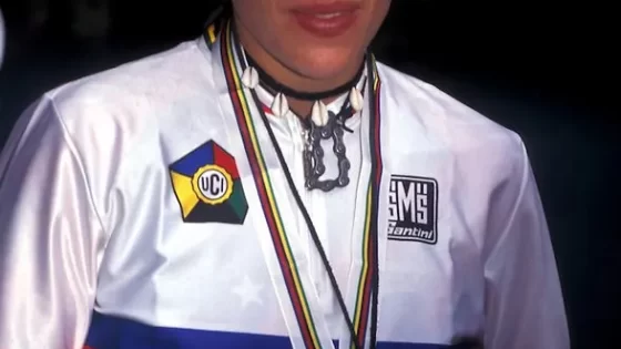 Missy Giove wearing world champions jersey and medal .World Championships , Vail colorado , 1994