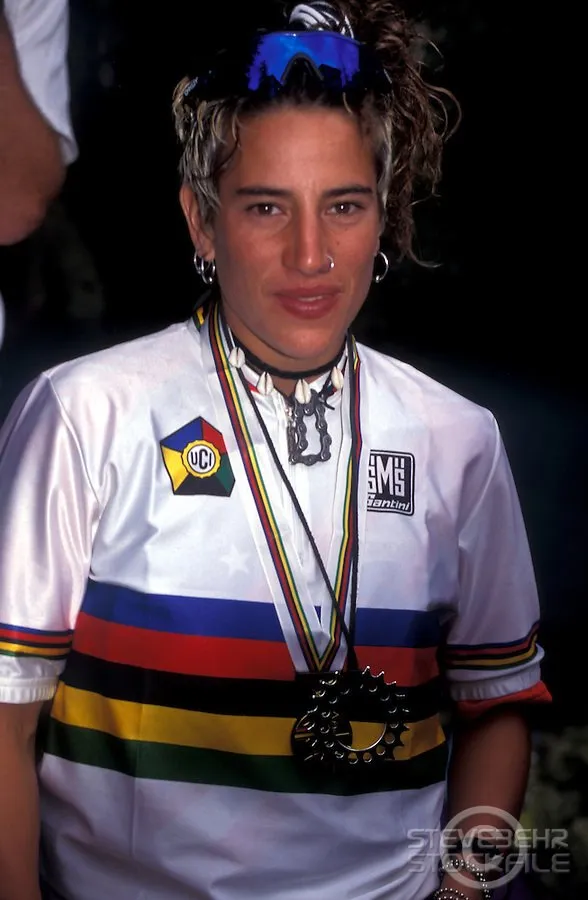 Missy Giove wearing world champions jersey and medal .World Championships , Vail colorado , 1994