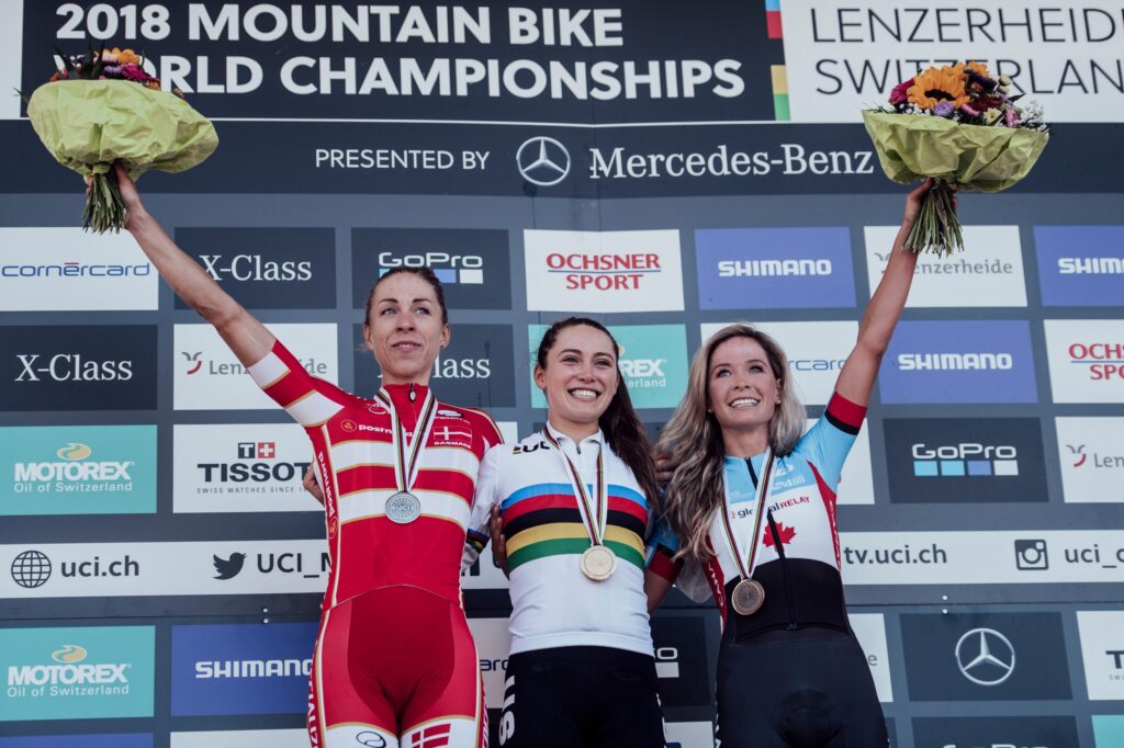 Langvad-Courtney-Batty, Podio Campionato del mondo 2018 XCO Elite Women