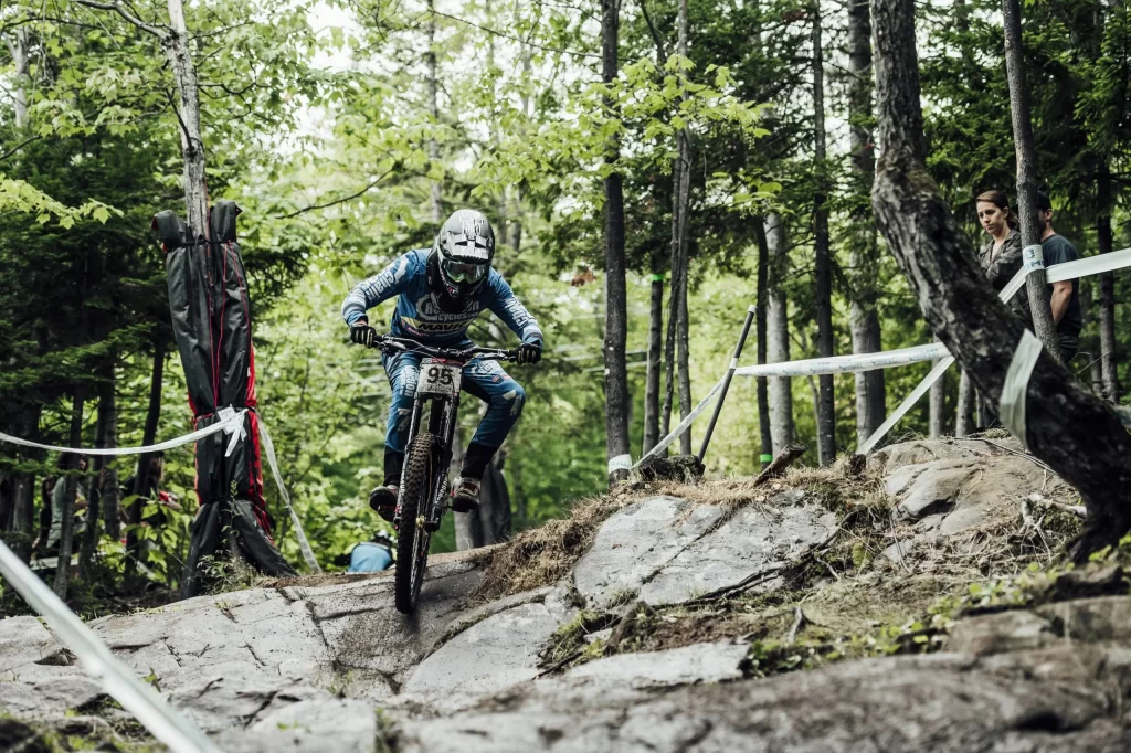 Michael Jones performs at UCI DH World Cup in Mont Sainte Anne, Canada 2017