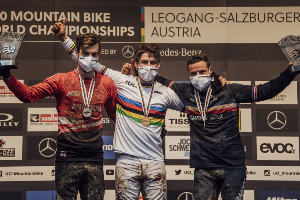 Podio UCI DH World Championships in Leogang, Austria on October 11, 2020 // ©Bartek Wolinski / Red Bull Content Pool