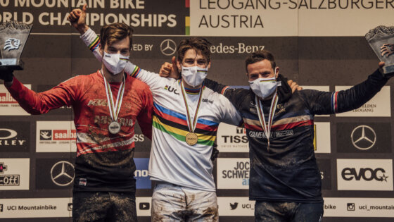 Podio UCI DH World Championships in Leogang, Austria on October 11, 2020 // ©Bartek Wolinski / Red Bull Content Pool