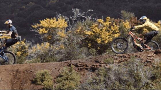 Salto con mountain bike su sentiero sterrato tra cespugli e natura.