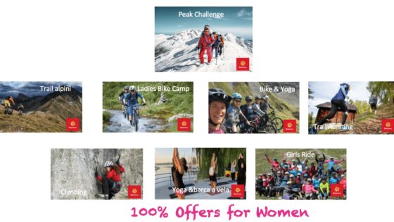 Escursionisti in vetta con mountain bike tra le montagne innevate.