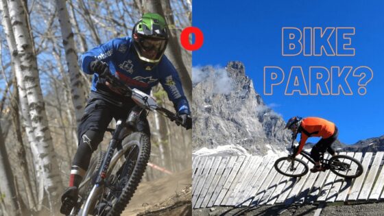 Enduro in montagna con biker su sentieri sterrati e montagne maestose potrebbe essere il tema dell'immagine, promuovendo l'enduro e il bike park.