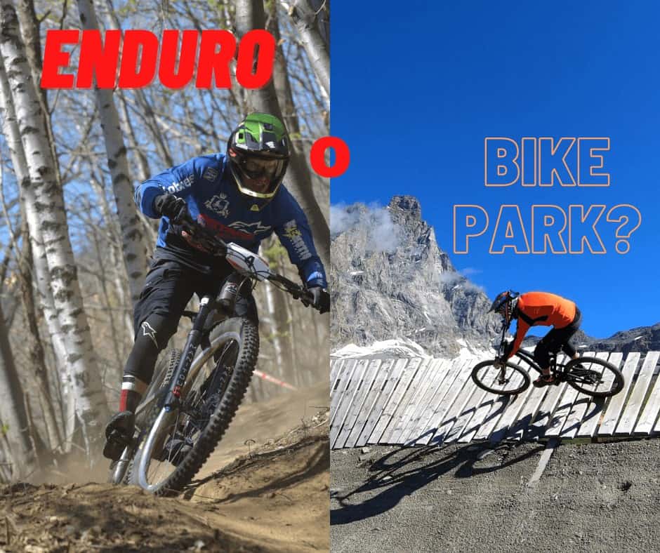 Enduro in montagna con biker su sentieri sterrati e montagne maestose potrebbe essere il tema dell'immagine, promuovendo l'enduro e il bike park.