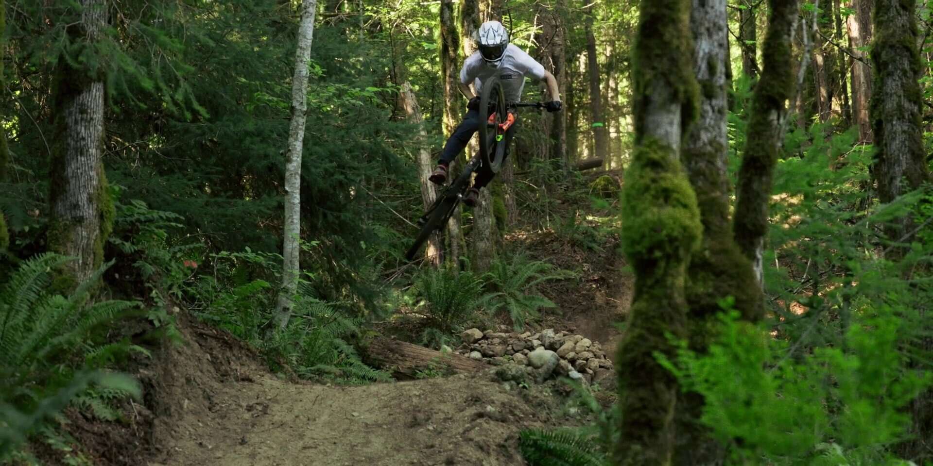 Sporcathlon | Mountain Bike: escursione in un fitto bosco con ciclista in azione su sentiero accidentato.