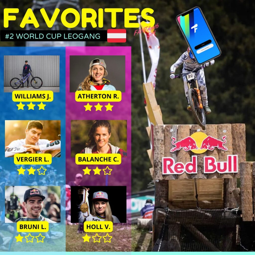 1. Ragazza in sella a mountain bike con mobile gigante, logo Red Bull sullo sfondo.