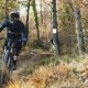 Downhill mtb cyclist descending down mountain track