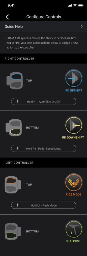Controlli delle impostazioni del controller del mountain bike, con indicazioni per le funzionalità di cambio marcia e modalità di guida.