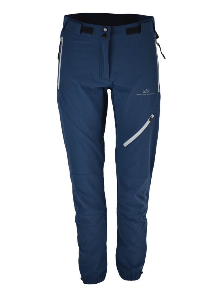 Pantaloni da montagna blu con zip e design tecnico, perfetti per escursionismo e outdoor.