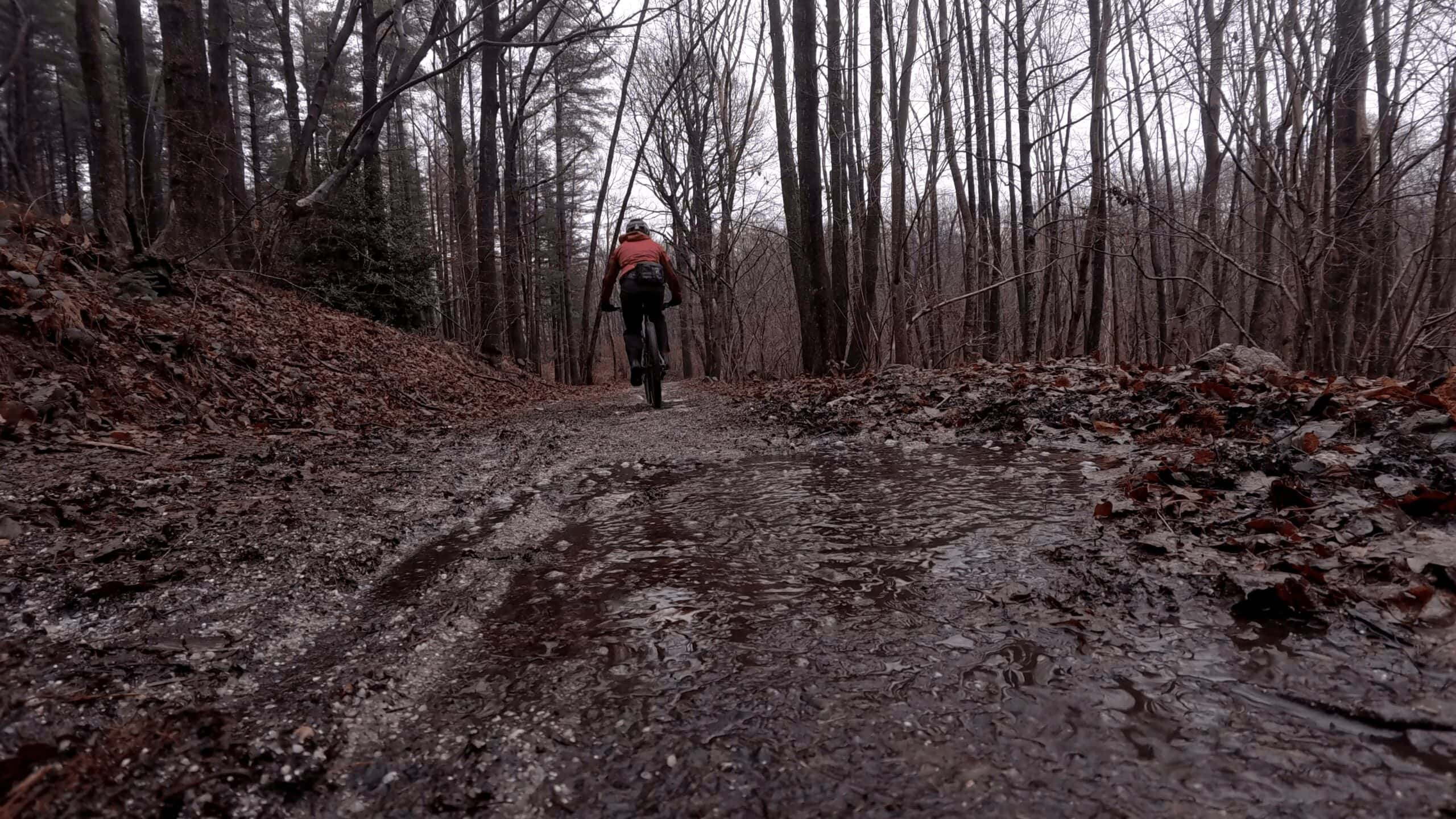 Sentiero di montagna fangoso con ciclista che pedala tra gli alberi spogli in una giornata invernale.
