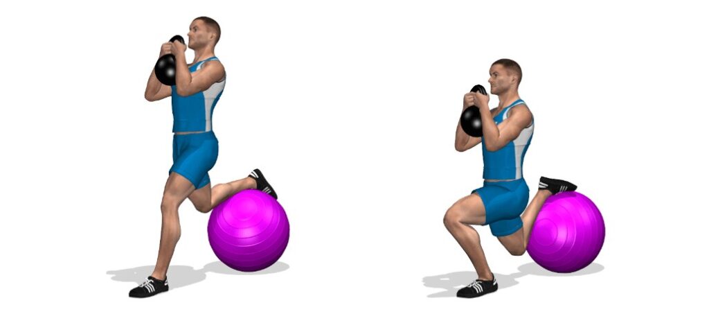 Esercizio con palla medica e step su una gamba, allenamento di resistenza e equilibrio.