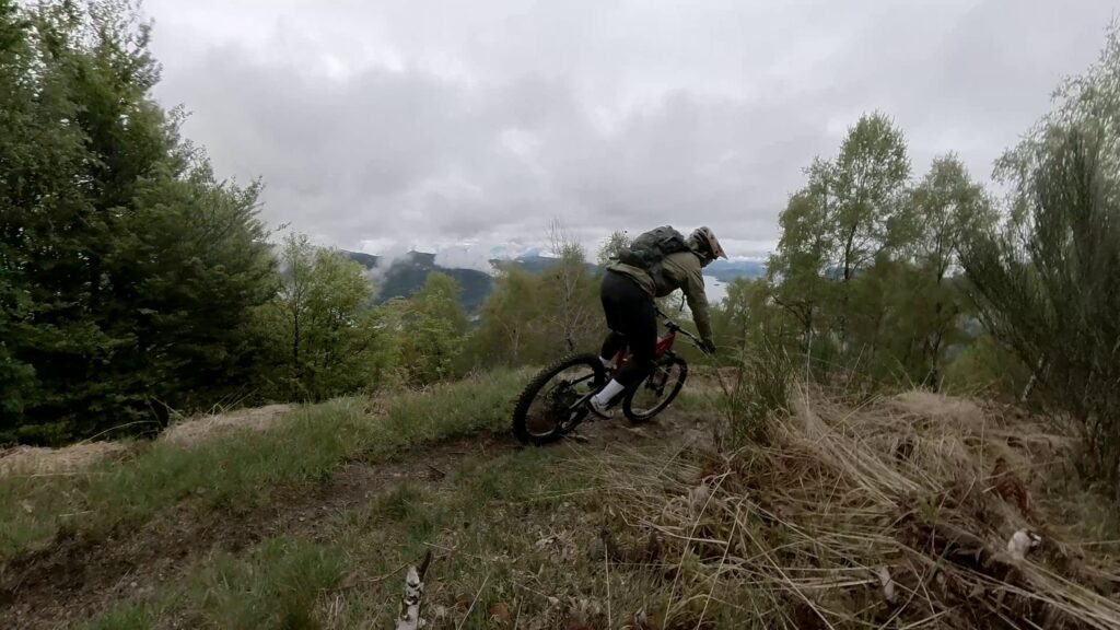 1. Mountain biker su sentiero nel bosco in giornata nuvolosa.