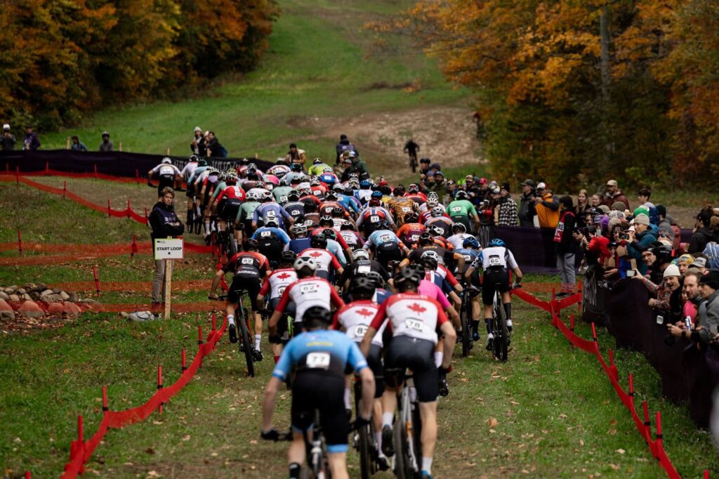 Hundreds of cyclists compete in mountain bike race through autumn-colored forest.