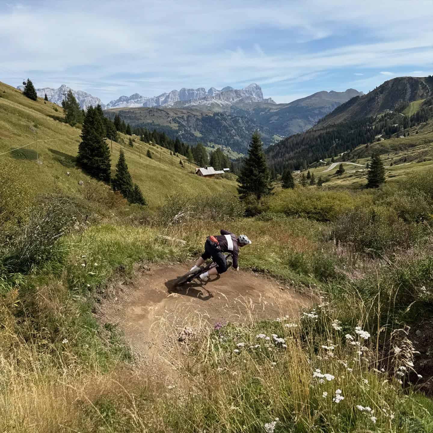 Percorso in mountain bike tra le verdi colline e le montagne innevate sullo sfondo, tra natura e avventura.