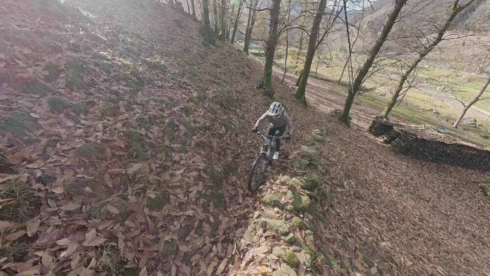 Ciclista su sentiero di montagna tra foglie e rocce in un bosco autunnale.