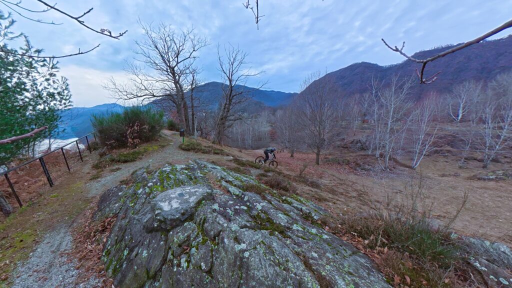 Sentiero di mountain bike in un paesaggio autunnale con alberi spogli e montagne sullo sfondo.
